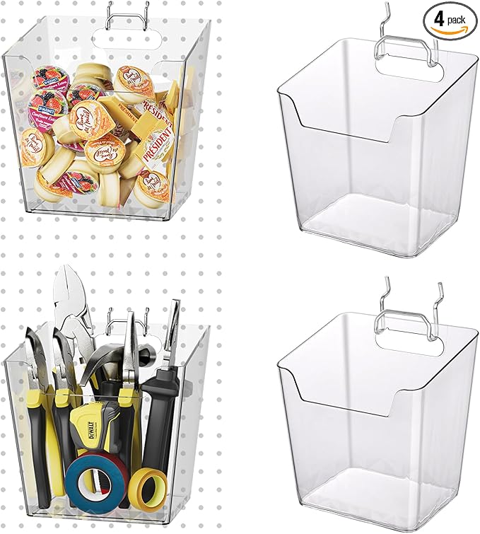 LIGHT DUST Clear Pegboard Cups with Hooks, 1/8" & 1/4" Peg Board Orangizer Accessories Aesthetic Decoration for Garage Workbench Craft Room Office Playroom Organization (4, Large)