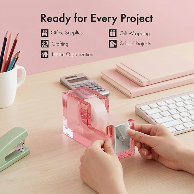 OfficeGoods Acrylic Tape Dispenser – Modern Desk Organizer for Office Supplies, Heavy Duty Refillable Tape Holder for Home and School Crafting, Stylish Desktop Accessory for Gift Wrapping, Pink