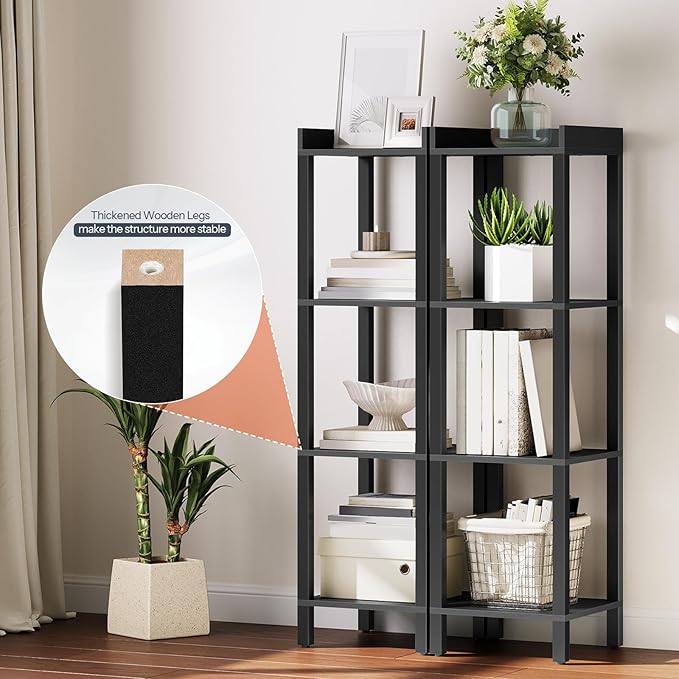 HOOBRO Small Bookcase, Industrial Style Bookshelf for Narrow Spaces, 4-Tier Square Book Shelf Stand, Easy to Install, Wooden Storage Rack Display Shelf, Corner Shelf for Living Room, Black BK08CJ01