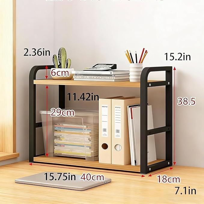 Hbluefat Desktop Organizer Shelf, 2-Tier Adjustable Desk Bookshelf, Tabletop Small Wood Bookcase, Multipurpose Display Storage Rack for Home Office (Wood+Black)