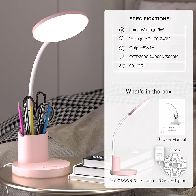 Desk Lamp, LED Desk Lamps for Home Office, Touch Table Lamp with 3 Color Modes 360° Adjustable Arm, Dimmable Desk Light with Pen Phone Holder for College Dorm, Pink