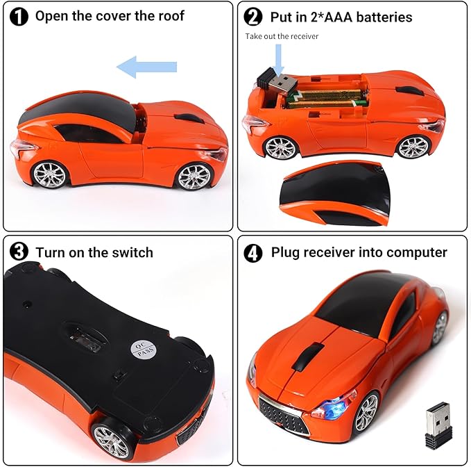 elec Space Wireless Mini Mouse with Case - Cute Sports Car Shape, Lightweight & Portable, 10m Range, Plug and Play (Orange)
