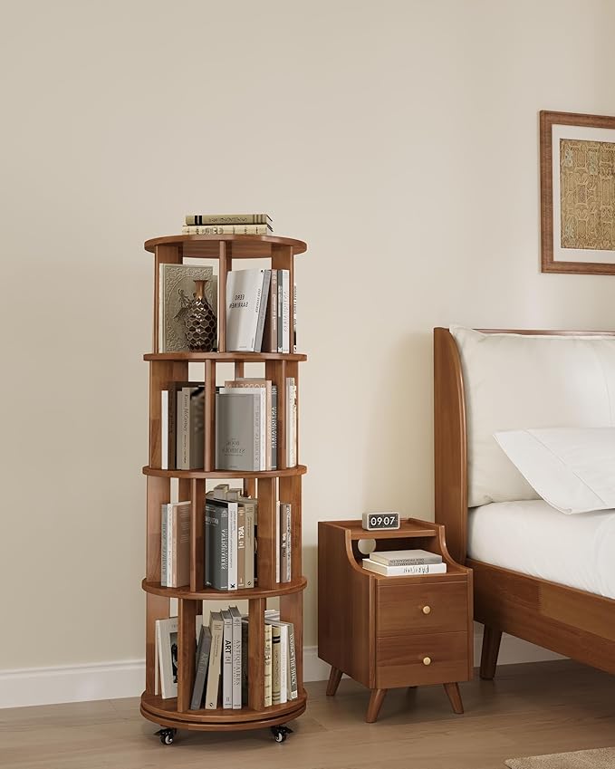 IUNVR Rotating Bookshelf, 4 Tier Solid Wood Bookshelf Tower with Lockable Wheels, 360° Spinning Revolving Bookcase for Small Spaces, Corners, Bedroom, Kids Room, Home Office, Walnut