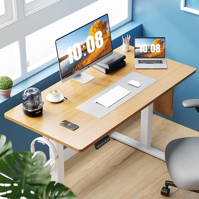 Sweetcrispy Electric Standing Desk Adjustable Height, 40x24 Inch Sit Stand Up Home Office Desks Computer Workstation PC Work Table with 3 Memory Preset Splice Wood Board Metal Frame, Oak