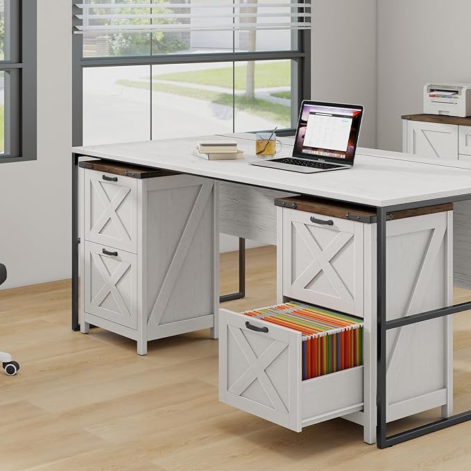 Vabches Vertical File Cabinet with 2 Drawers, Wooden Farmhouse Filing Cabinet for Letter/A4 Size Hanging Files, Under Desk Printer Stand with Storage for Home Office, Rustic White