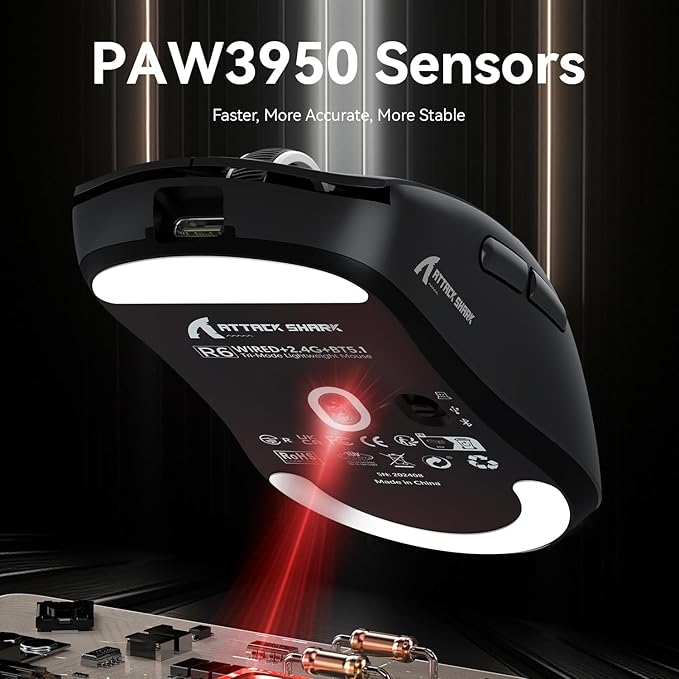 ATTACK SHARK R6 Wireless Gaming Mouse,38G Ultra-Lightweight Trip-Mode 2.4G/USB-C/Bluetooth Mouse Gaming with PAW3950MAX Sensor,42000 DPI,50G Accelerated Speed for PC/Laptop/Mac -Black&Tape