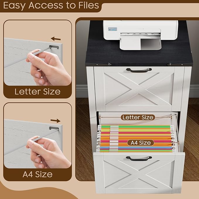 Vabches Vertical File Cabinet with 2 Drawers, Wooden Farmhouse Filing Cabinet for Letter/A4 Size Hanging Files, Under Desk Printer Stand with Storage for Home Office, White and Black