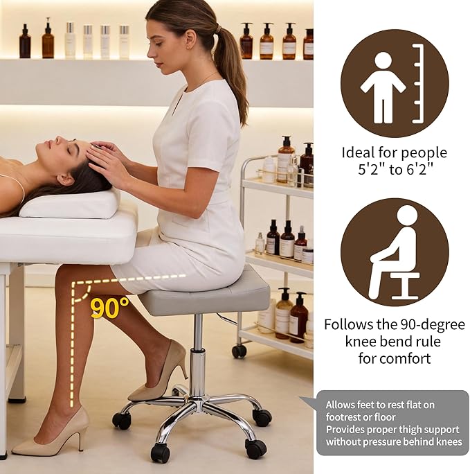 FIRAVOE Saddle Stool with Wheels, Swivel Rolling Stools for Vanity, Adjustable Height Tattoo Stool 17"-21" (Gray)