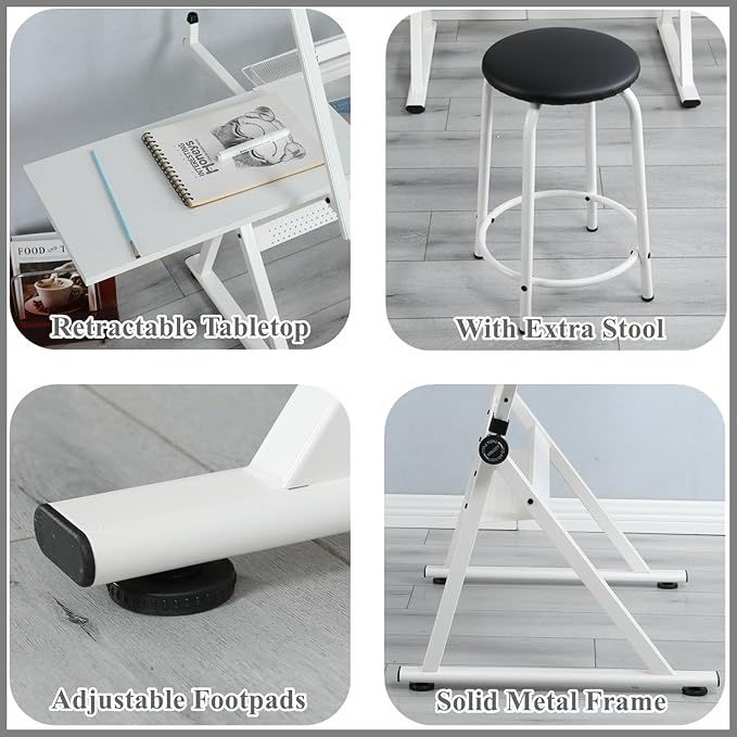 Drafting Table for Artists, Height Adjustable Glass Drawing Table with Stool, Ergonomic Art Table with 0-75° Tilting Tabletop and More Storage for Home Office, Type 1-White