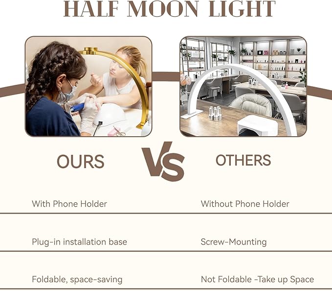Kadden Foldable Large Half Moon LED Light for Table Nail Desk with Phone Stand, Upgrade Arch Light for Nail Techs with Wire Controller for Manicure Tattoo Beauty (Gold, Large)