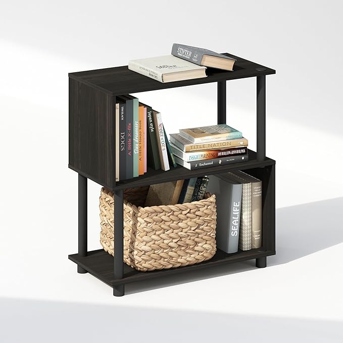 Furinno Reed Book Shelf, 3-Tier Bookshelf with Open Shelf, Geometric Bookcase with S-Shaped Frame, 11.8 x 23.6 x 25.4, for Living Room, Bedroom, Home Office, Espresso