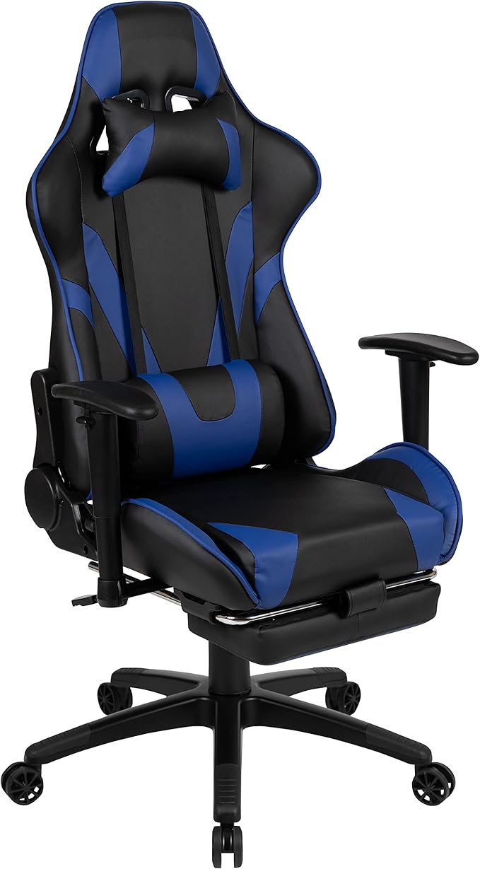 Flash Furniture Optis Black Gaming Desk and Blue Footrest Reclining Gaming Chair Set with Cup Holder, Headphone Hook & 2 Wire Management Holes