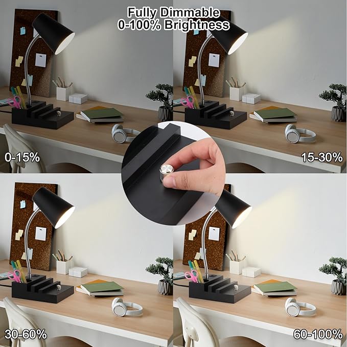 LALISU Study Desk Lamp with USB Charging and Type-C Night Light, Gooseneck LED Table Lamp Stepless Dimming Study Table Lamp with Pen Holder for College Dorm Bedroom and Office (Black)