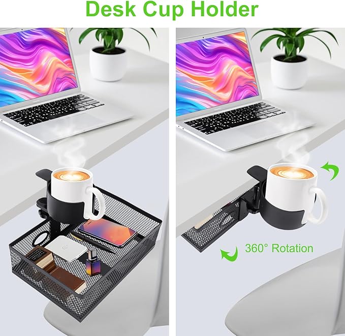 Gugxiom 360 Under Desk Organizer With Cup Holder, Hidden Storage Drawer, Sturdy C-Clamp for Home Office (White)