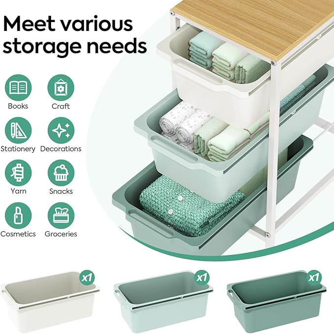 Rolling Storage Cart with 3 Drawers, Craft Organizer, Wooden Tabletop Utility Cart for Bedroom, Children's Room and Office Organization, Under Desk Trolley with Lockable Wheels, Green