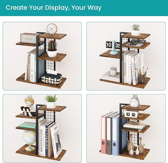 ELITEROO Desktop Shelf Bookshelf Set, 2 Tier Small Desk Shelves Organizer, 4-Tier Wooden Tabletop Book Shelf, Adjustable Display Rack Storage Organizers for Home, Office, Dorm, Rustic Brown