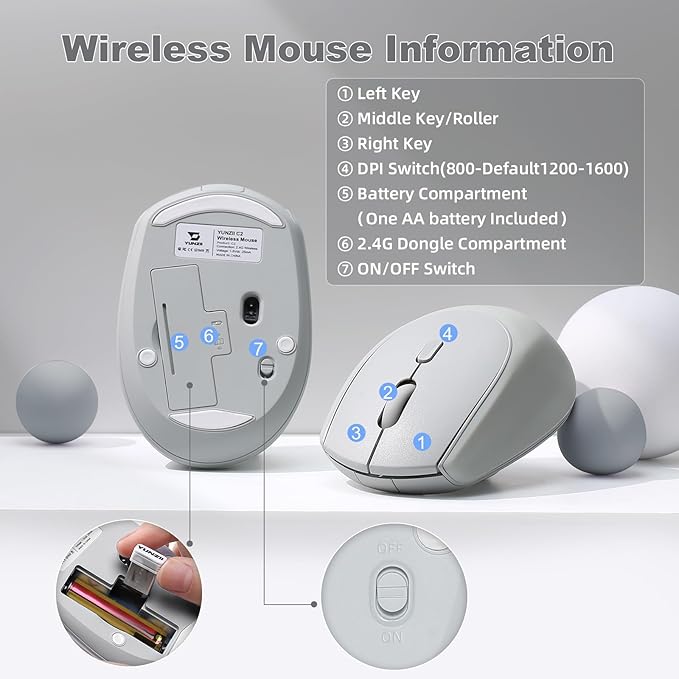 YUNZII C2 Wireless Mouse,2.4GHz Cute Silicone Noiseless Wireless Computer Mouse, Quiet Clicks, 3 Adjustable DPI, 1600 DPI Optical Tracking, Portable Ergonomic Mice for Laptop/PC/Mac (Gray)