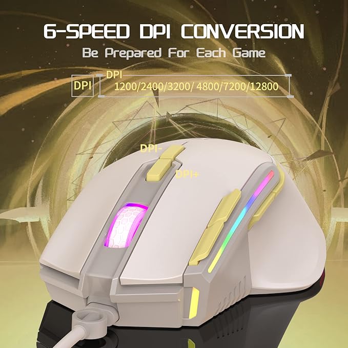 MAGIC-REFINER M2 Wired Gaming Mouse with 6 Types RGB Backlit High Precision Adjustable 12800DPI,PC Gaming Macro Programming Mouse Conform Right Hand Engineering USB Plug Play for Laptop Mac（Milkshake）