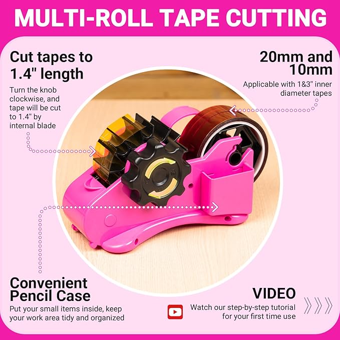 THINKLEARN Heat Tape Dispenser - Sublimation Heat Transfer Tape Dispenser with Scissors and Utility Knife, 1 '' & 3'' Core, Multi-Roll Pre-Cut Tape Dispenser for Crafting, PreCut 1.4'' Pieces, Pink