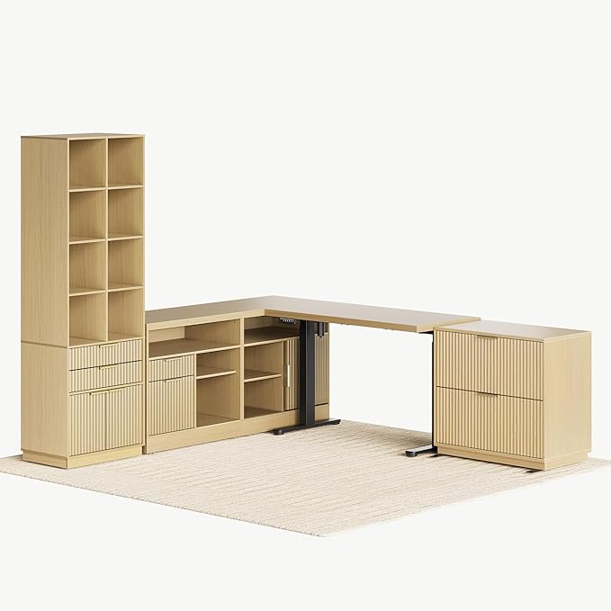 Home Office Furniture Set, 67'' Electric Standing Desk with 73'' Bookshelf and 2 Drawer Lateral File Cabinet, Office Furniture Desk Sets, Fluted Light Walnut