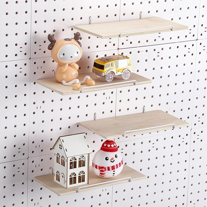 Wonderjune 4 Pcs Wooden Pegboard Shelves with Metal Pegboard Shelf Brackets Peg Board Display Storage Tray Wall Organizer Peg Board Accessories for Craft Room Home Kitchen(Brown,9.84 x 5 Inch)
