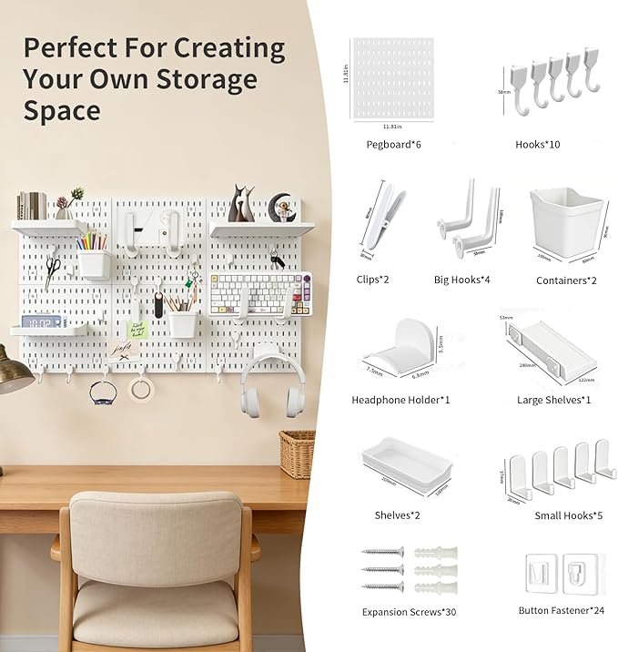 LBW Pegboard Wall Organizer, 6-Pack 11.8" × 11.8" White ABS Peg Board Panels with 27 Accessories, Modular Plastic Pegboard Combination Kit for Home, Office, Garage, Tool Storage & Craft Room