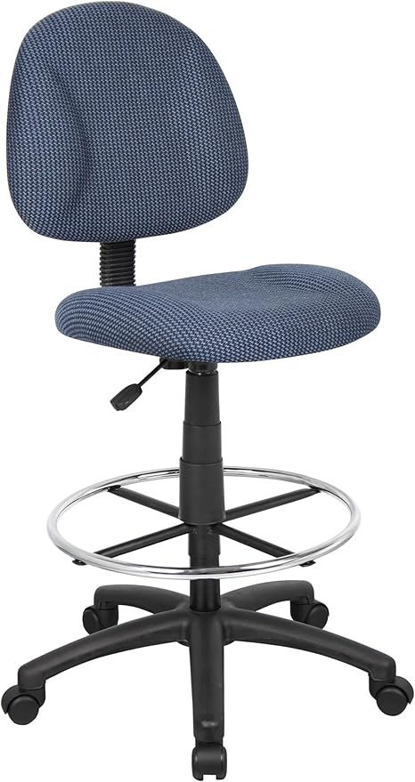 BOWERY HILL Rolling Drafting Stool, Blue Tweed Fabric Upholstery, Contoured Seat and Back, Adjustable Height 26.5-31.5 in, Chrome Foot Ring, 250 lb Capacity, Dual Wheel Casters, Home or Office Use