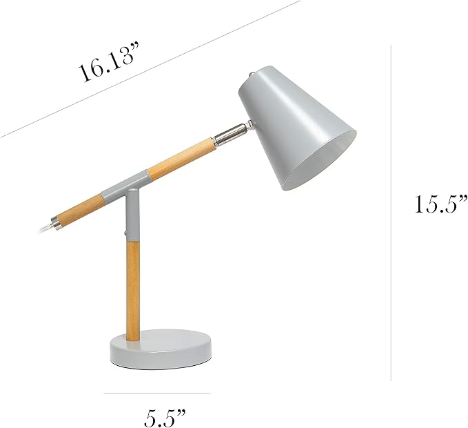 Simple Designs LD1059-GRY Gray Matte and Wooden Pivot Desk Lamp