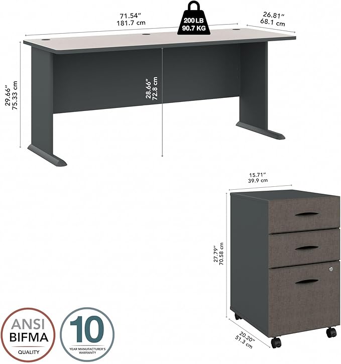 Bush Business Furniture Series A 72W Desk with Mobile File Cabinet in Slate and White Spectrum
