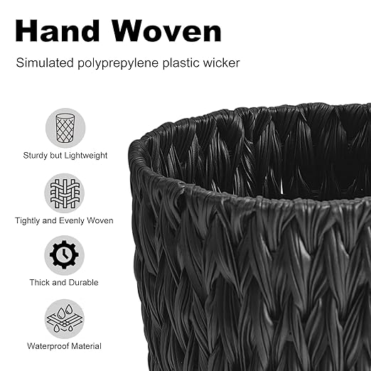 Coeusy Wicker Trash Can,Small Trash Can,Handwoven Waterproof Wicker Trash Basket,Round Garbage Can,Compact Waste Basket for Bathroom,Bedroom,Office,2 Gallon Black