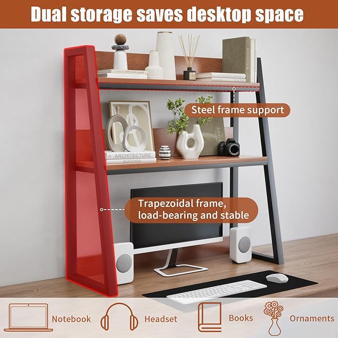 AQQHSAIN Desktop Hutch Shelf 2-Tier Ladder Bookshelf Computer Bookcase Wooden Desktop Display Rack Multipurpose Desk Hutch Top Only for Home Office Dorm Use (Brown, 55CM)