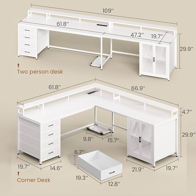 SEDETA L Shaped Gaming Desk with 4 Drawers, 109” Computer Desk with Display Cabinet, Home Office Desks with 2 Monitor Stands, CPU Stand, LED Lights and Power Outlet, White