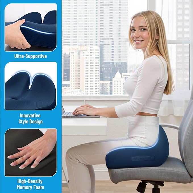 CushZone Memory Foam Seat Cushion for Office Chair, Ergonomic Coccyx Cushion for Desk Chair, Tailbone Support Pillow for Long Sitting, Non-Slip Seat Pad for Home, Gaming Chair -Navy Blue, X-Large