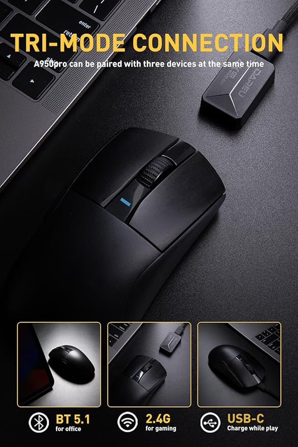 DAREU A950pro 4K Wireless Gaming Mouse:55g Ultra-Lightweight,4KHz Polling Rate,PAW3395 Optical Sensor,26K DPI,5 Programmable Buttons,Support 15min Fast Charging &Tri-Mode Connection (Black)