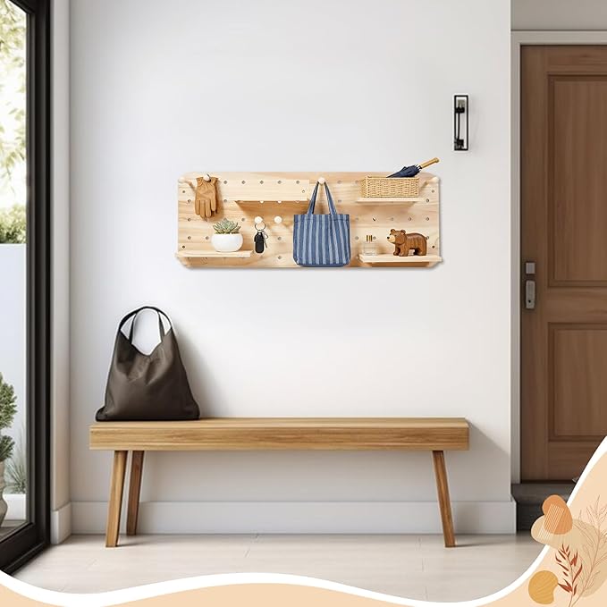 Wood Pegboard Wall Organizer Combination Kit, 2 Office Peg Board Panels with 18 Accessories, Modular Display DlY Storage Crafts Organization Wall Hooks Shelf for Bedroom Study Home