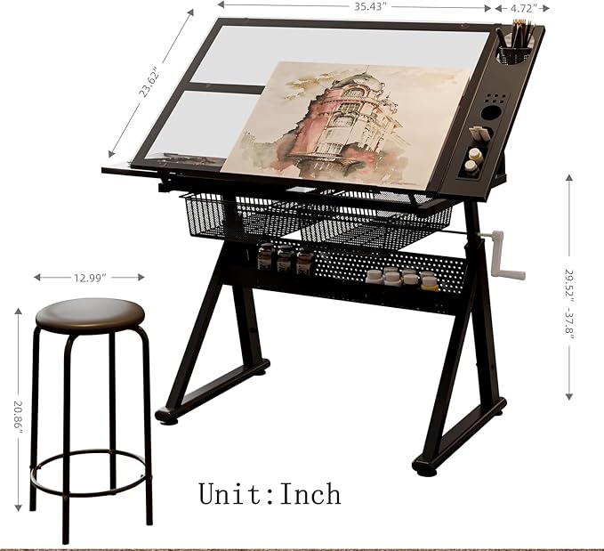 Drafting Table with Stool, Upgraded Height Adjustable Drawing Desk Art Table Drafting Desk with 0-75° Tilting Glass Tabletop and More Storage for Home Office, Type 2-Black