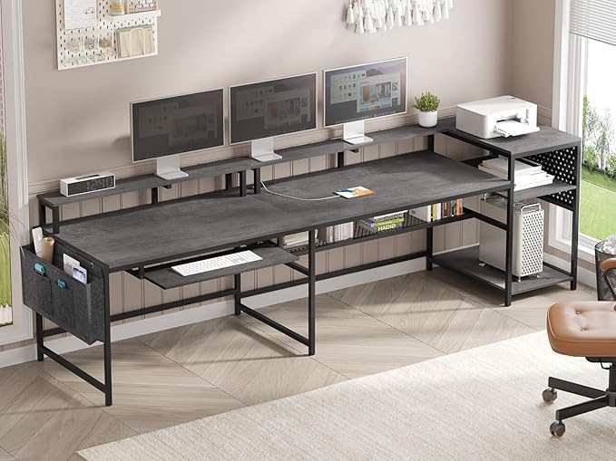 SEDETA L Shaped Gaming Desk, Convertible 96" Home Office Desk or Corner Desk, L Shaped Table with Power Outlets & LED Strip, Monitor Stand, Keyboard Tray, Pegboard and Storage Shelves, Grey