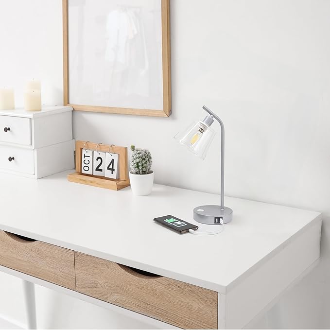 Simple Designs LD1074-SLV 15.75" Sleek Essentials Modern Industrial Metal Desk Lamp with Clear Glass Shade and Dual USB Ports, for Office, Desk, Nightstand, Dorm, Silver