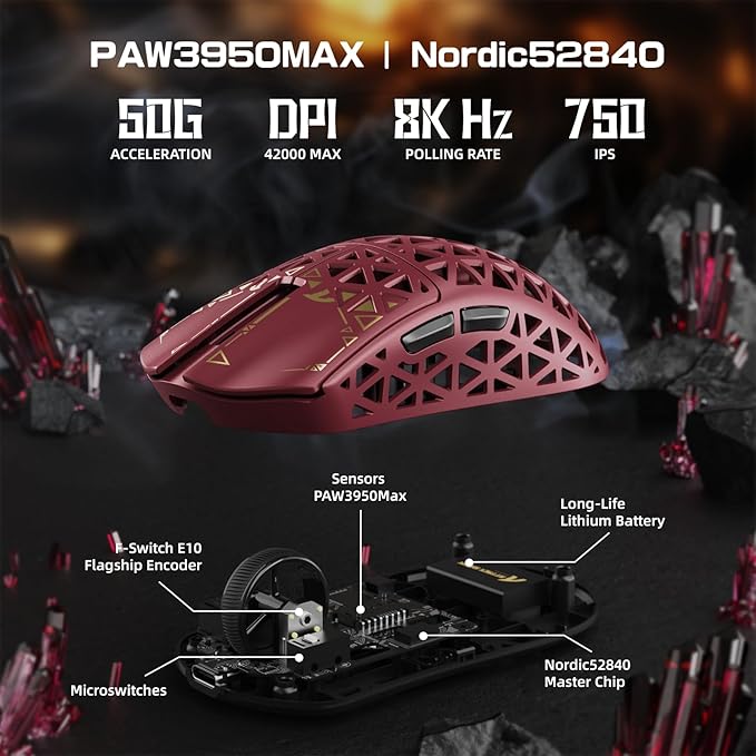 ATTACK SHARK R5Ultra 8K Carbon Fiber Wireless Gaming Mouse with 42000 DPI -PAW3950 MAX Sensor -39g Ultra-Lightweight-Nordic 52840 MCU Chip-Wired/BT/2.4GHz Wirelss Programmable Mouse for PC/Mac (Red)