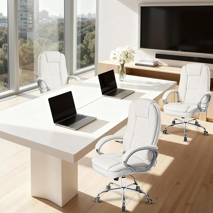 NEO Chair Office Desk Ergonomic Gaming Computer Chair High Back Adjustable PU Leather with Lumbar Support, Swivel Rolling Wheels, Executive Managerial Task Chair (White)