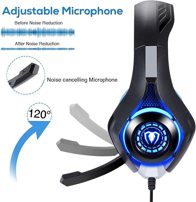 BlueFire Wired Gaming Headset for PS4 PS5 Xbox One PC – Over-Ear Headphones with Surround Sound, Noise Canceling Mic, Soft Memory Foam, LED Light, 3.5mm Jack for Console & Laptop (Blue)