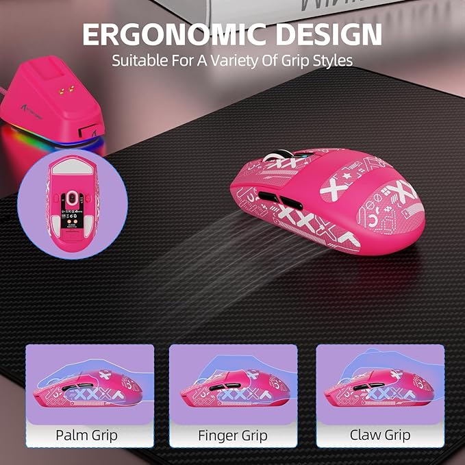 ATTACK SHARK G3PRO Wireless Gaming Mouse with RGB Charging Dock,2.4G/USB-C Wired/BT PAW3311 Optical Sensor 1K Polling Rate Adjustable 25K DPI,500mAh Battery Ultra Lightweight 59g Mice (Red&Griptape)