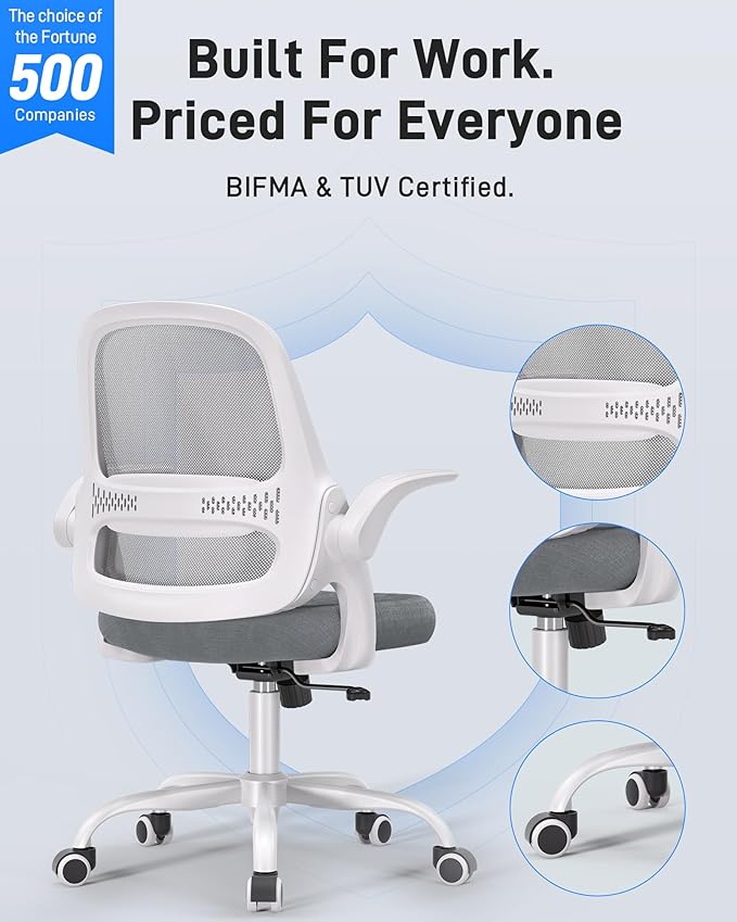 Ergonomic Mesh Office Chair for Home Office, Flip-Up Arms, Breathable Mesh Back & Thick Seat Cushion, Swivel Rolling Computer Desk Chair – BIFMA Certified, Supports 300 lbs (White Frame/Gray Seat)