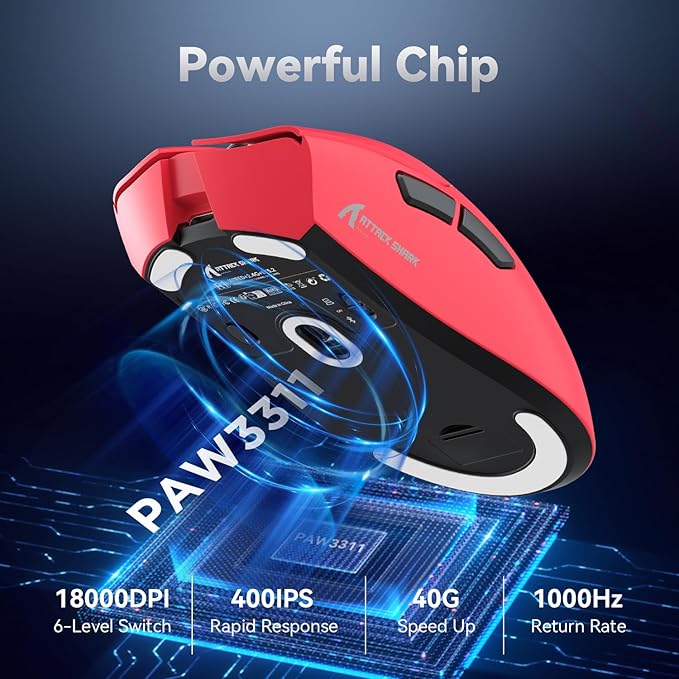 MAMBASNAKE Attack Shark R1 Wireless Gaming Mouse,PAW3311 Optical Sensor 18K DPI,59g Ultralight 2.4Ghz/BT/Wired Computer Mice for Win/Mac - Red