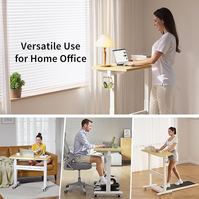 WALKINGDESK Mobile Walking Pad Desk with Wheels, Pneumatic Small Rolling Standing Desk Riser Height Adjustable (28-43.7") for Treadmill, Portable Computer Table for Home Office, Oak