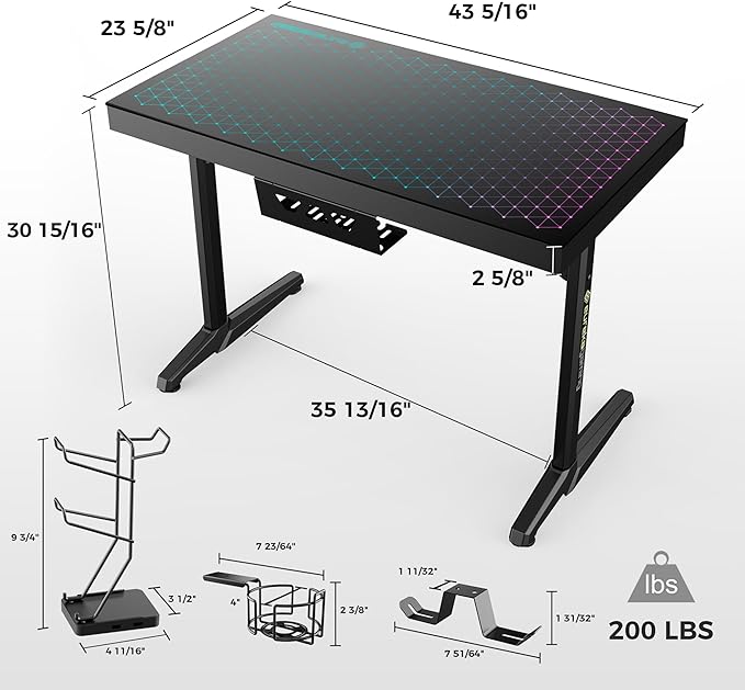 EUREKA ERGONOMIC RGB LED Gaming Desk, Music Sync Lights Up Tempered Glass Desktop, 43" GTG I43 Home Office Computer Table W Controller Rack 4 USB Charging Ports, APP Control