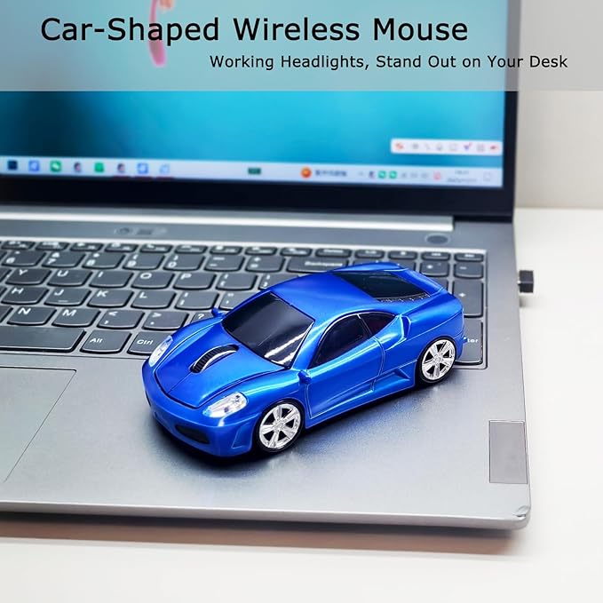 Wireless Car Mouse for Computer, 2.4G USB Receiver, 1600DPI Adjustable, Sport Car Design, Plug & Play, Compatible with Laptop PC Mac Windows Linux, for Boys & Men (Blue)