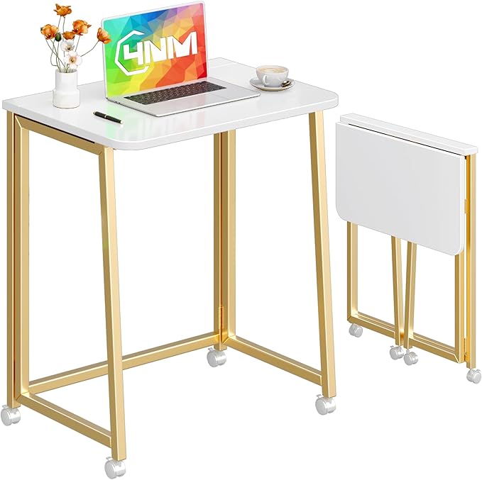 4NM 23.6" Mobile Small Folding Desk, Foldable Rolling Computer Home Office Desk, Study Writing Table for Small Space Saving Bedroom, with Wheels - White and Gold