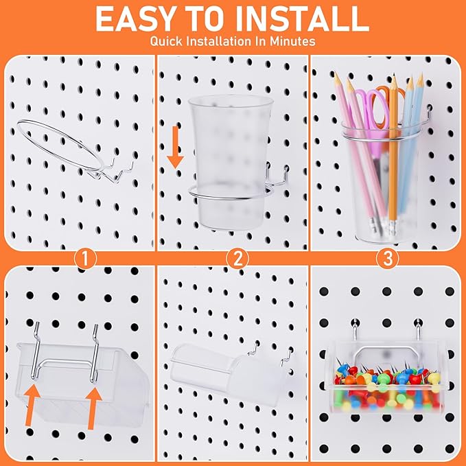 INCLY 70PCS Metal Peg Board Kit with 1/4" Pegboard Accessories, 4 Pack White Pegboard Panels, Bins, Cups and Peg Board Hooks, Paper Towel Holder, Pegboard Wall Organizer for Craft Room, Office, Sewing