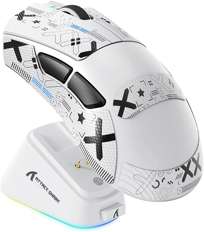 ATTACK SHARK V3 PRO Wireless Esports Gaming Mouse with Magnetic Charging Dock:62g Lightweight-1K Polling-25K DPI-PAW3311 Sensor,Wired/BT/2.4Ghz Programmable,BK52820 IC for PC Laptop Gamer(White+Tape)